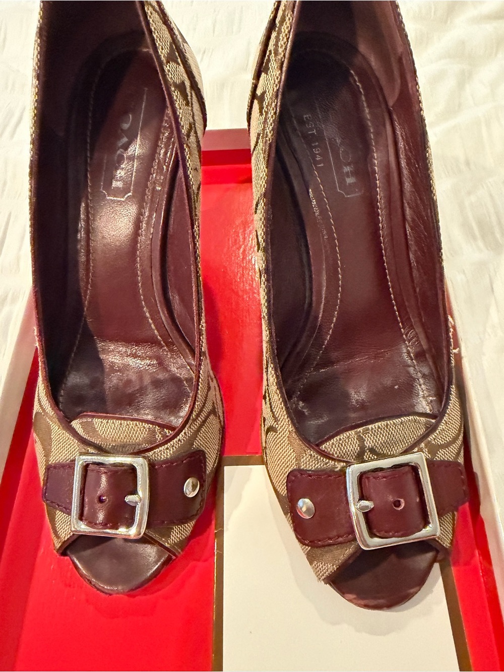 Coach Tan and Brown Peep-Toe Heels with Buckle Accent - Picture 3 of 6